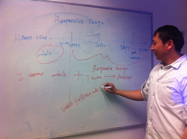 Yunjia writing on a white board sowing responsive design plans